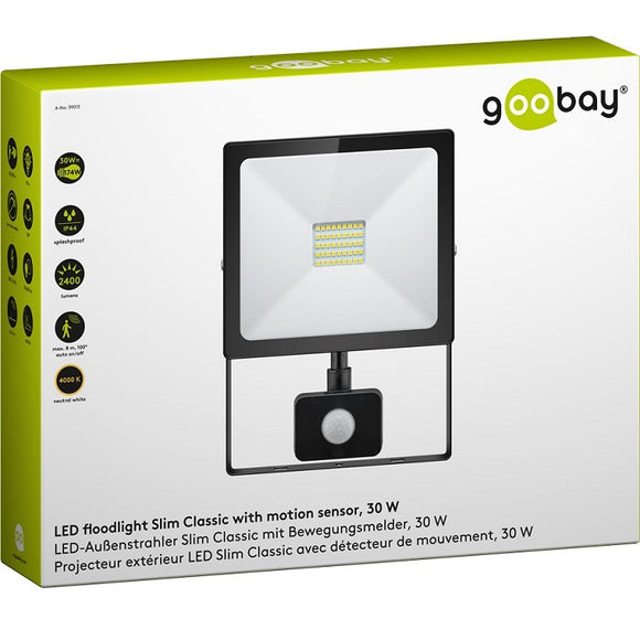 Goobay LED floodlight, 30 W, Slim Classic, with motion sensor, 30 W, black, 0.15 m