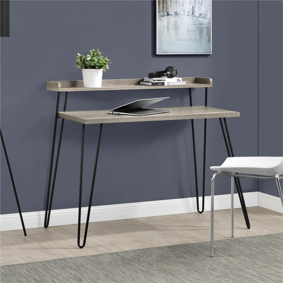 Haven Retro Home Office Desk with Riser – Distressed Grey Oak